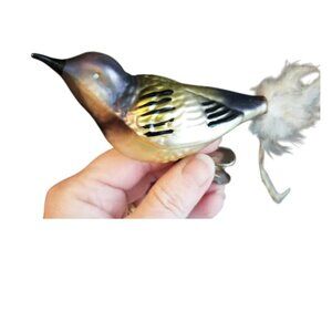 Mercury Glass Clip On Bird Ornament with Feather Tail Yellow Black Silver